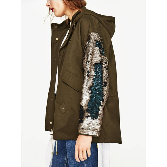 Zara Gold Blue Sequin Sleeves Oversized Hooded Green Jacket Size